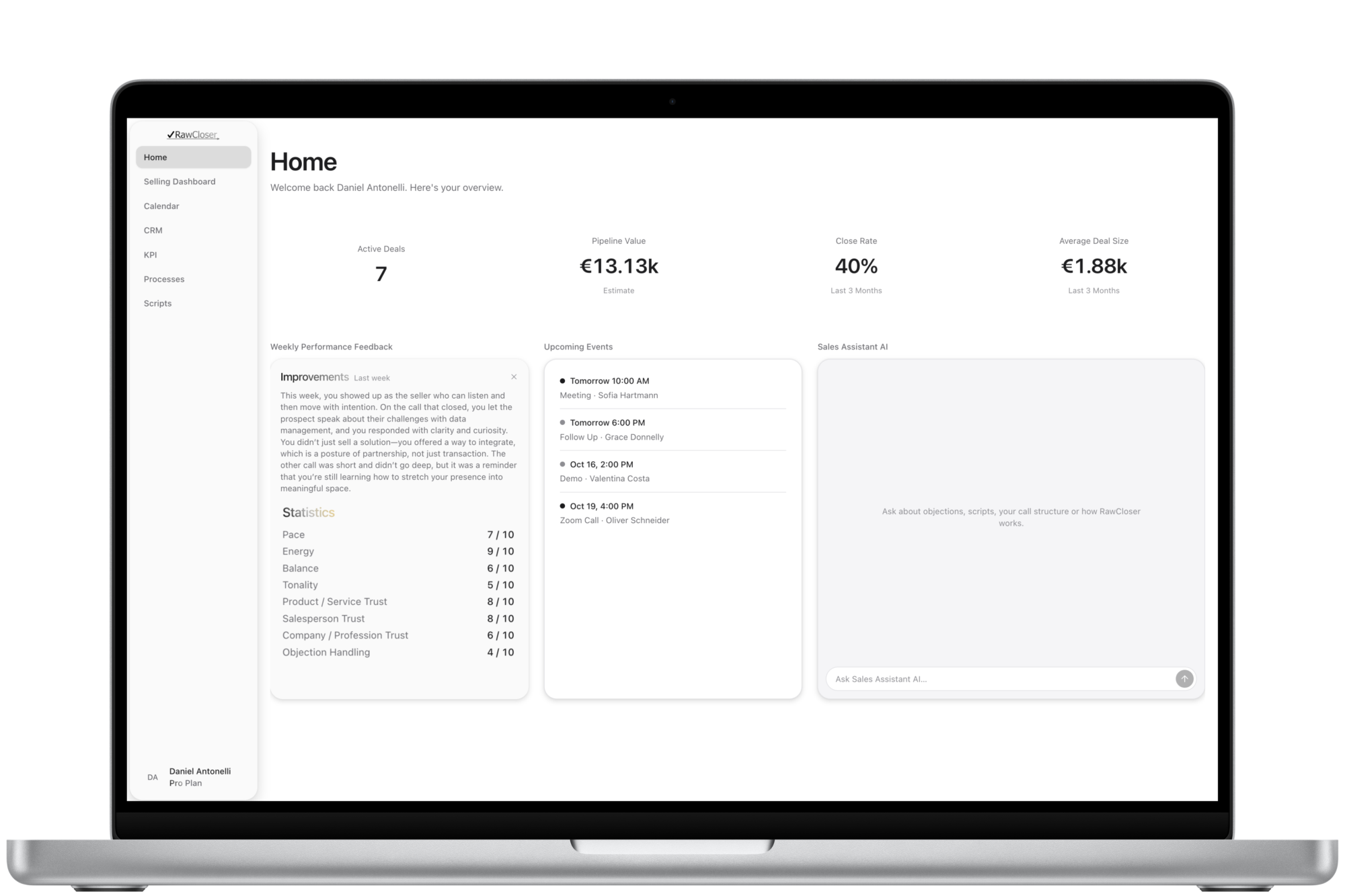 RawCloser’s Home screen on a MacBook: active deals, pipeline value, close rate and average deal size, with weekly performance feedback, upcoming meetings and today’s focus.