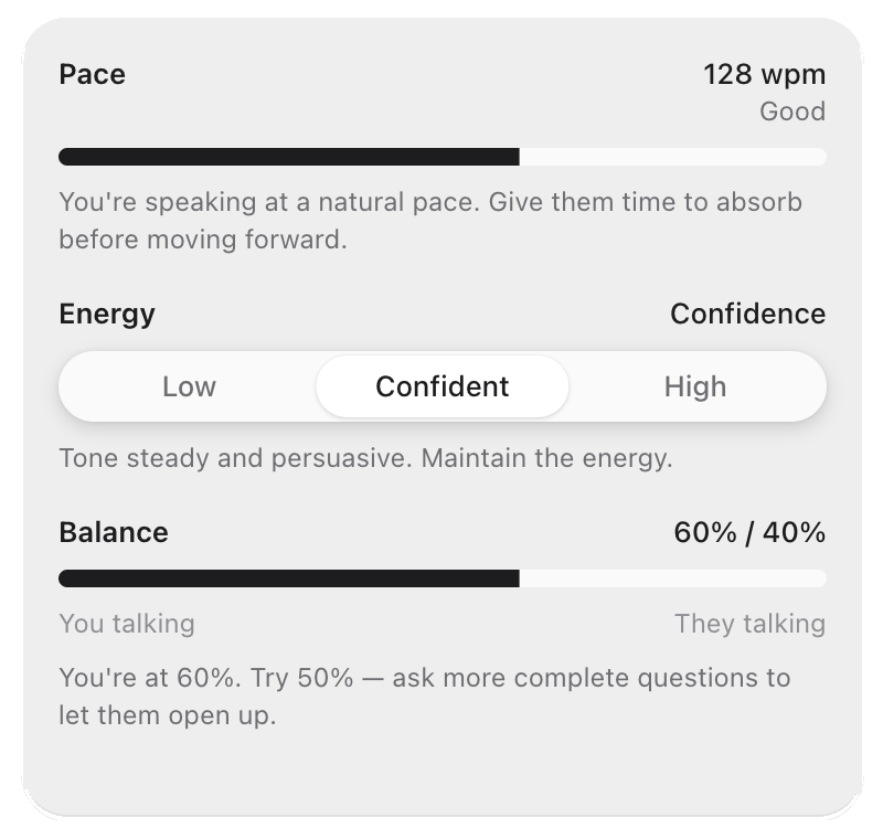 Preview of RawCloser's planned live-feedback readout — pace, energy, and balance meters shown during a call — coming to the Max plan.