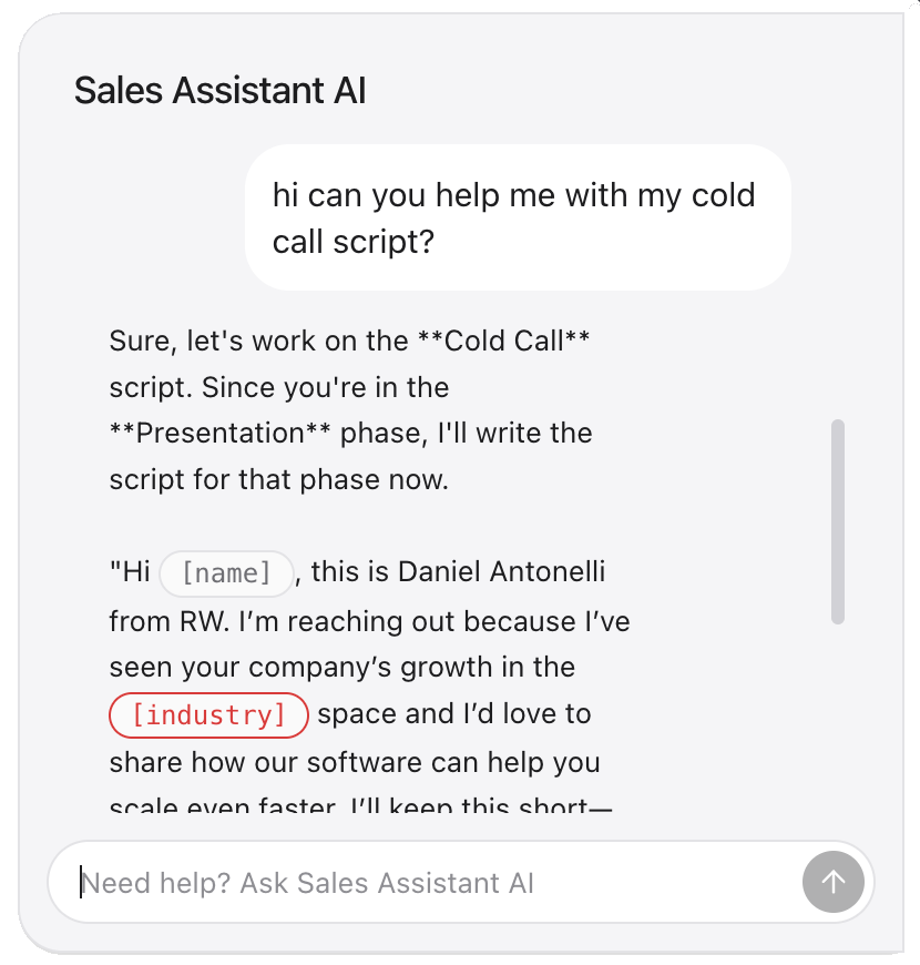 The Sales Assistant AI chat panel in RawCloser, with a typed question about a cold-call script and RawCloser's written script in reply.