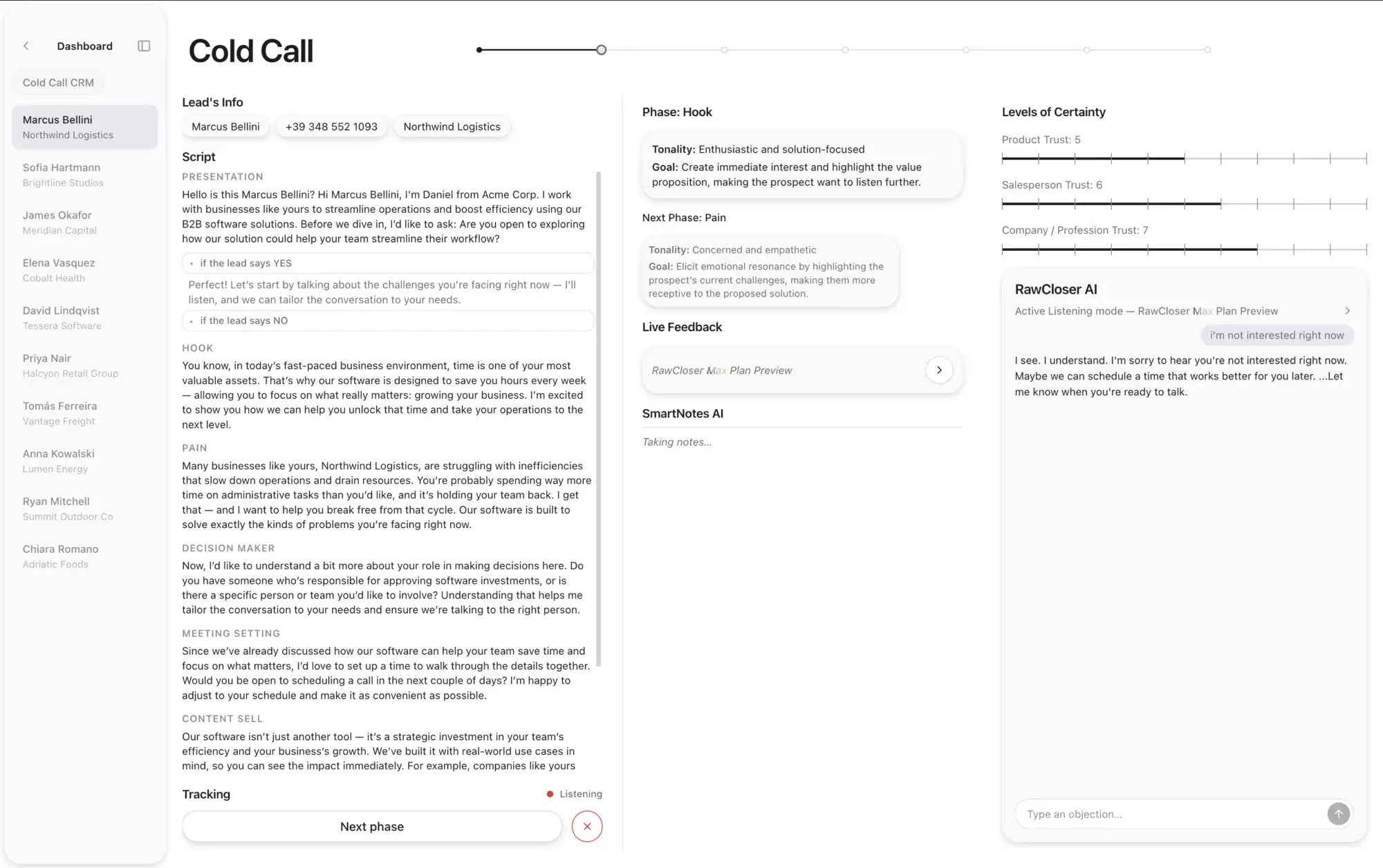 RawCloser's selling dashboard with a lead selected: the call script and the lead's details already shown on screen, ready before dialing. The live certainty and objection-handling panels visible here are part of the Pro plan, not every plan.