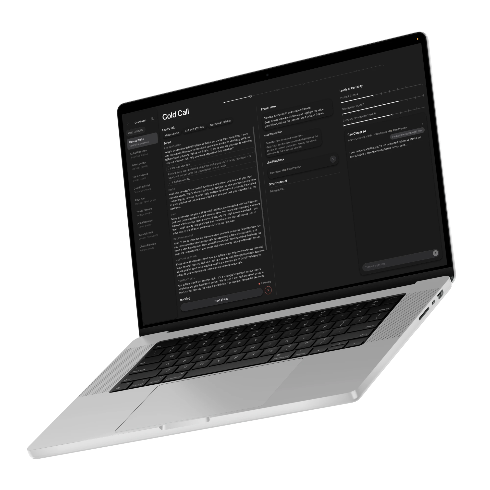 RawCloser open on a MacBook during a live cold call, showing the script, live feedback, and three certainty meters.
