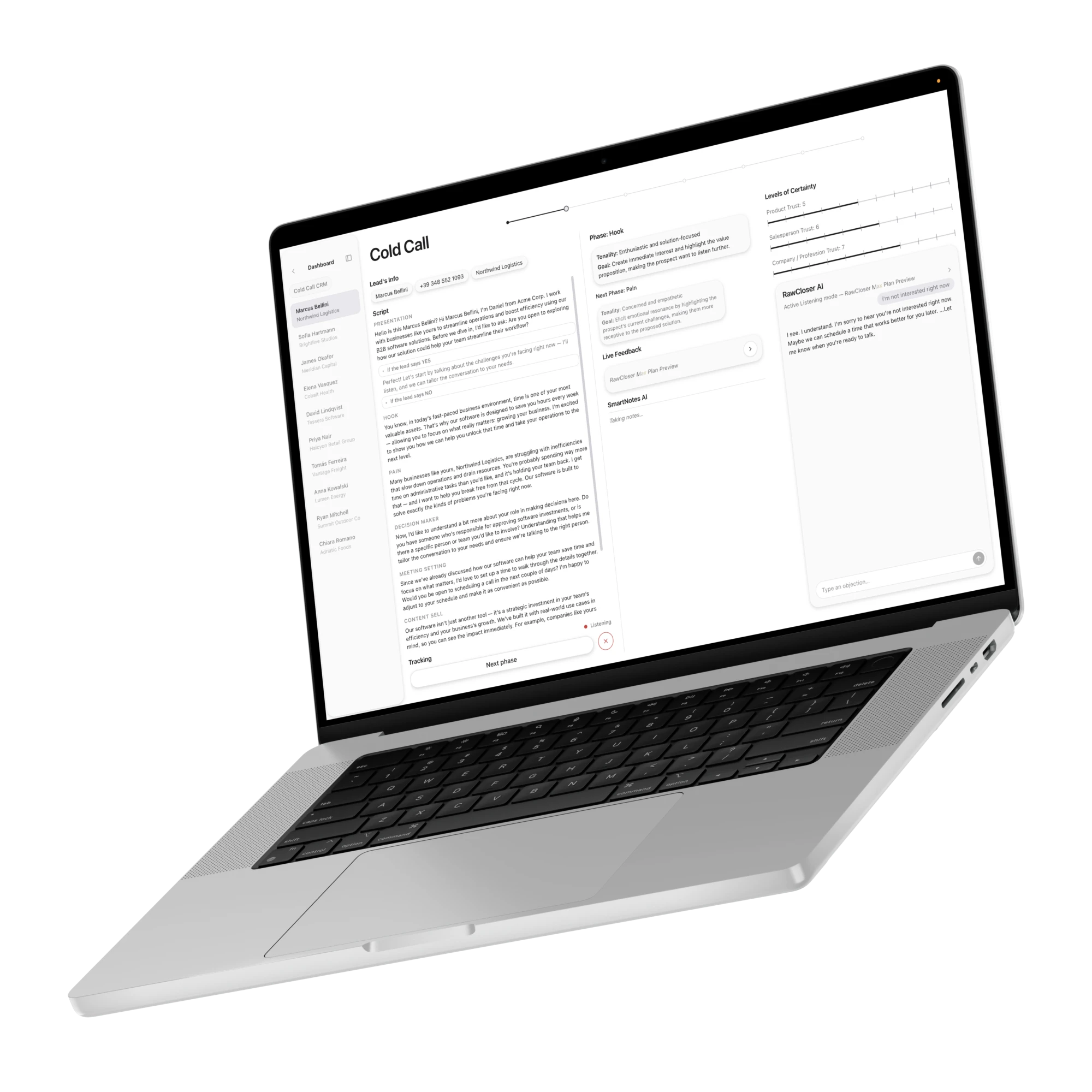 RawCloser open on a MacBook during a live cold call, showing the script, live feedback, and three certainty meters.